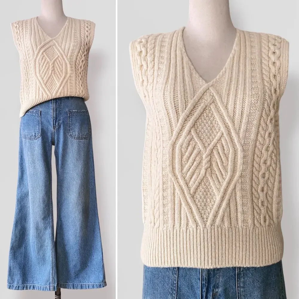 Vtg 100% Aran Wool Heritage Sweater Vest Fisherman Cable Knit Made In Ireland - Picture 1 of 8